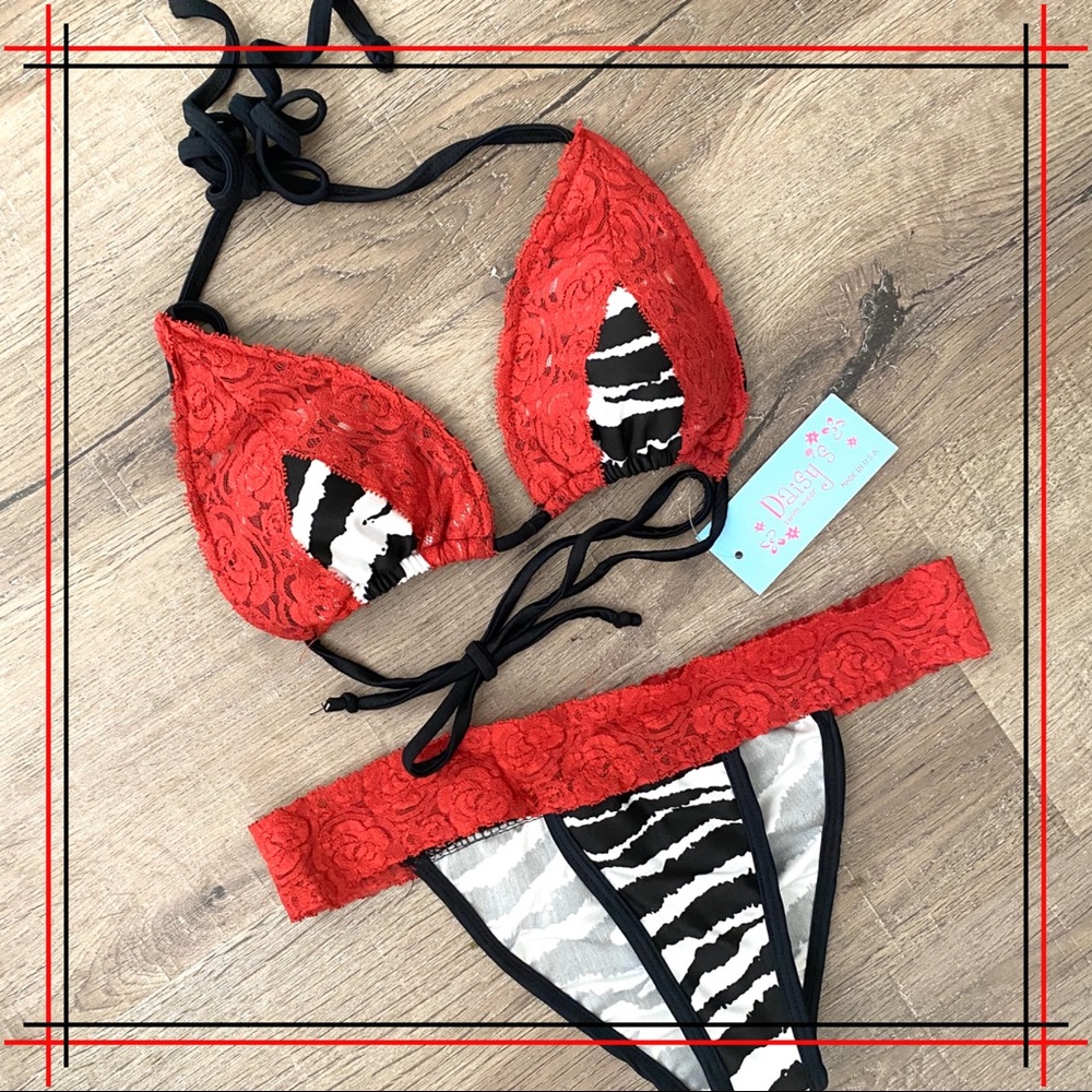Zebra Print Red Lace Bikini Set